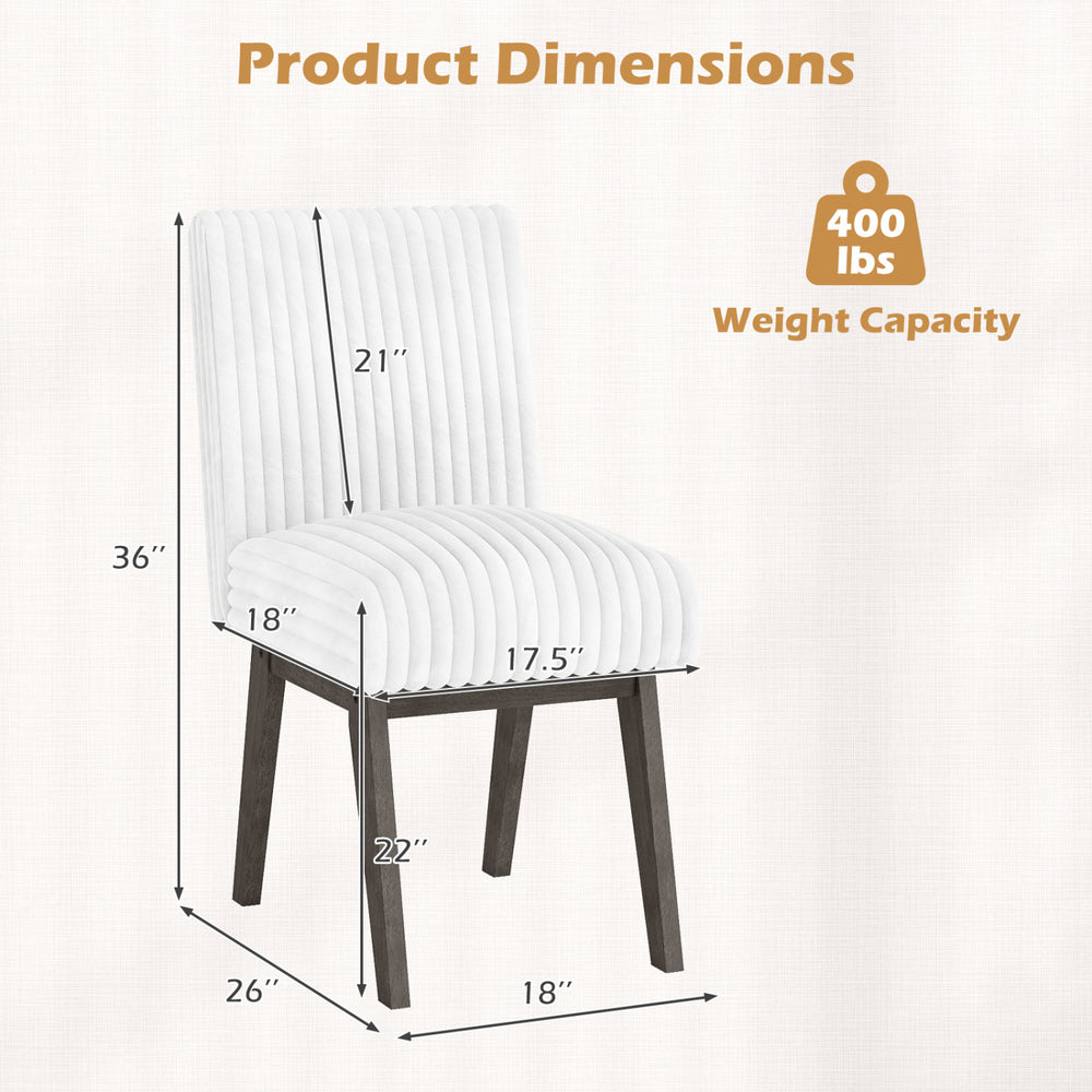Dimensions of gray and white fabric upholstered dining chair with rubber wood legs, featuring a 400 lbs weight capacity.