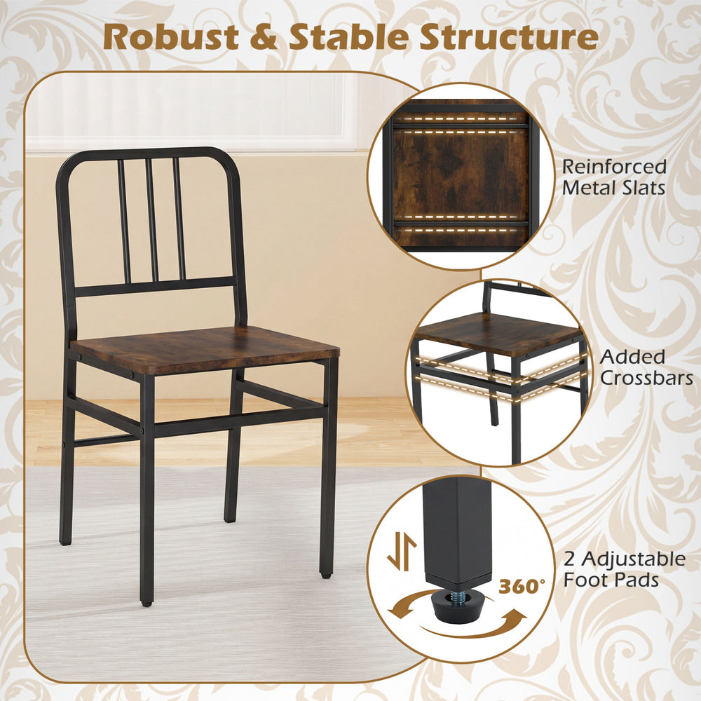 Rustic brown dining chair with slatted backrest and sturdy metal frame, featuring adjustable foot pads for stability.