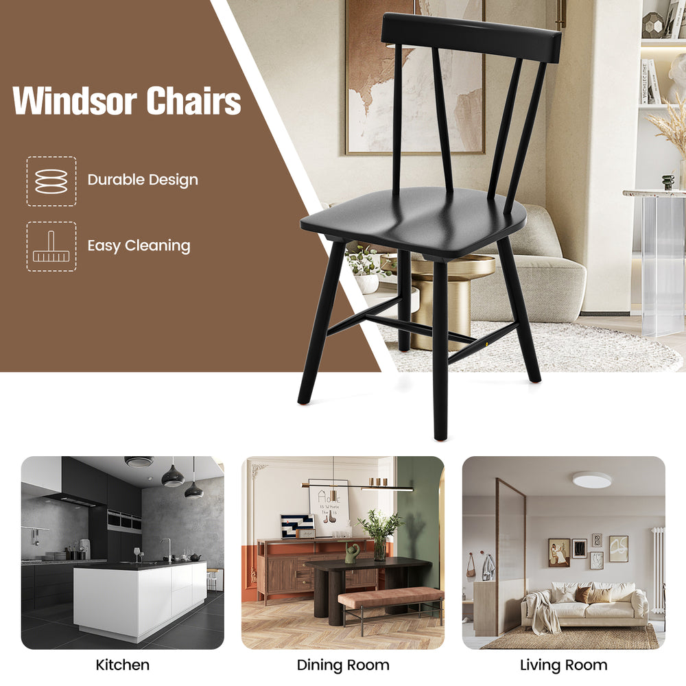 Windsor style armless chair in black with solid rubber wood frame, ideal for kitchen or dining room use.