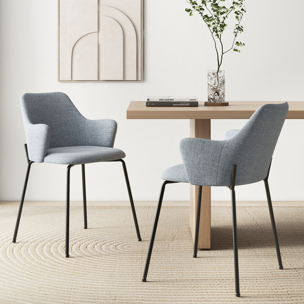 Curved backrest dining chairs set of 2 in gray with armrests, featuring a stable metal frame and cushioned comfort.
