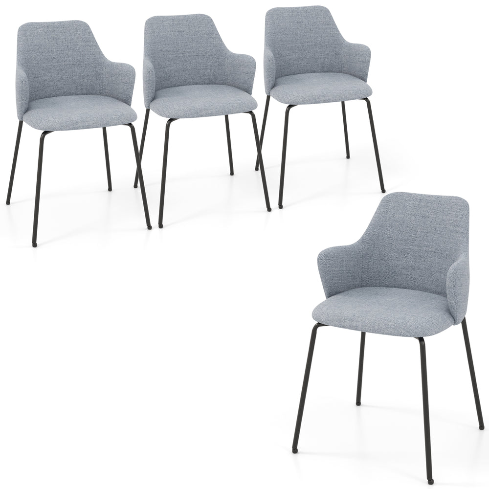 Set of four gray dining chairs with curved backrest, wide seat, and armrests for comfortable dining experiences.