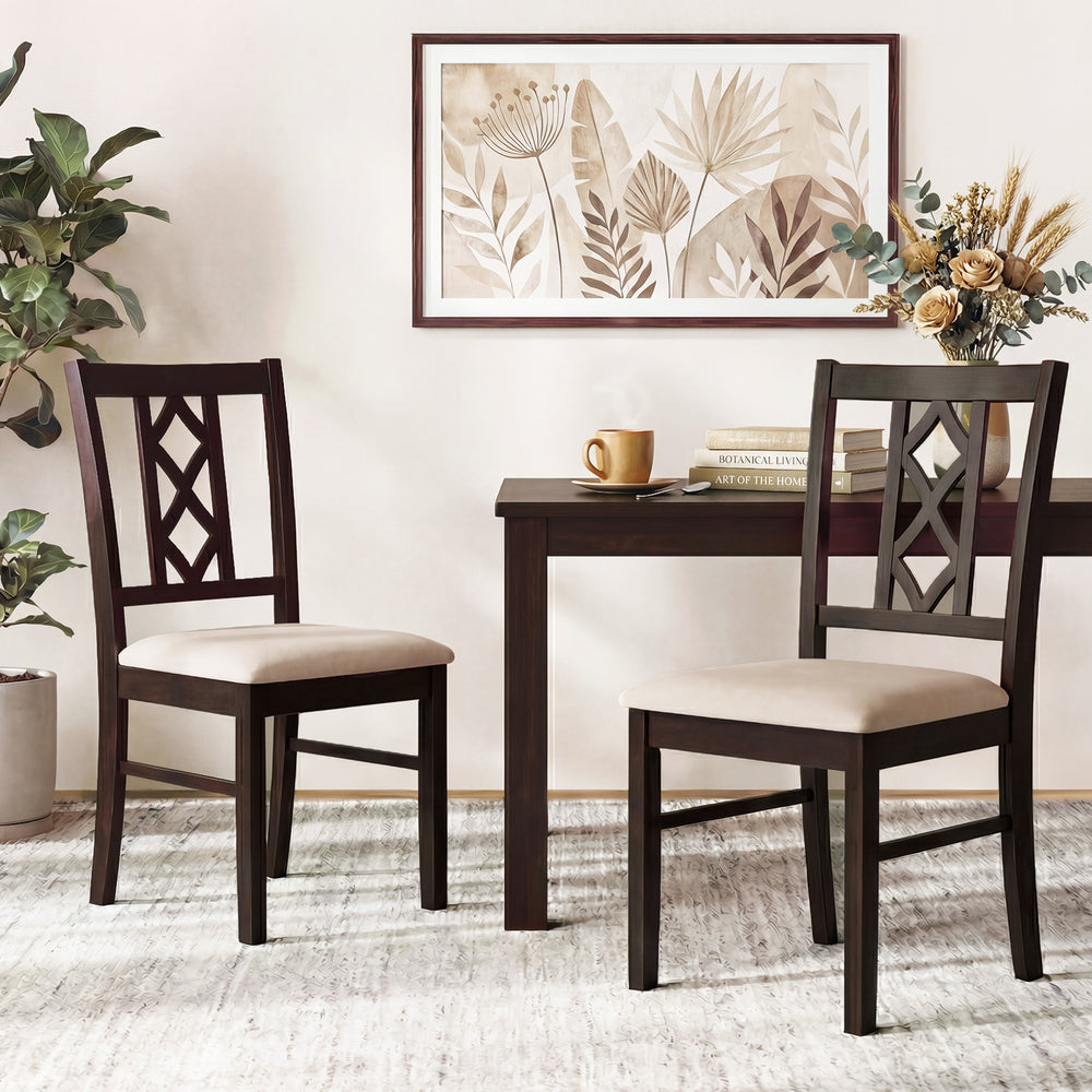 Set of 2 brown rubber wood dining chairs with hollowed backrest and faux linen upholstery for comfortable seating.