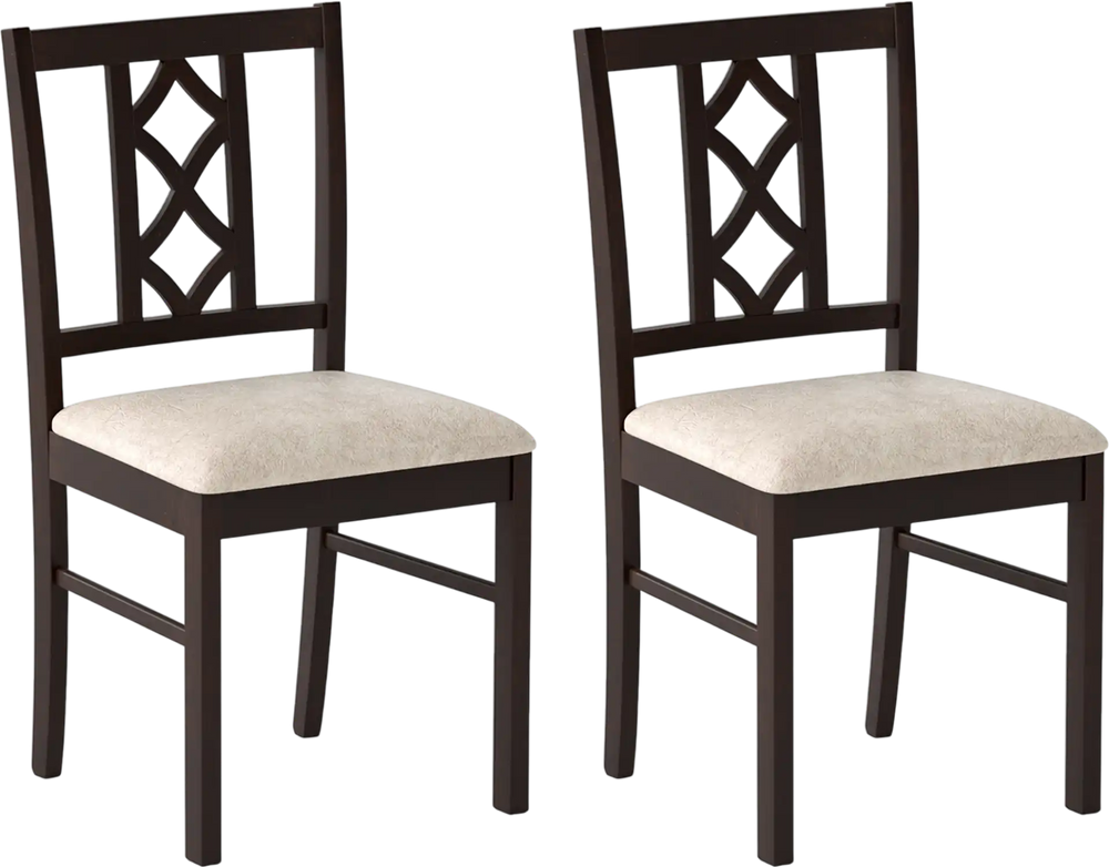 Set of 2 brown rubber wood dining chairs with ergonomic hollowed backrest and faux linen upholstery for comfort.