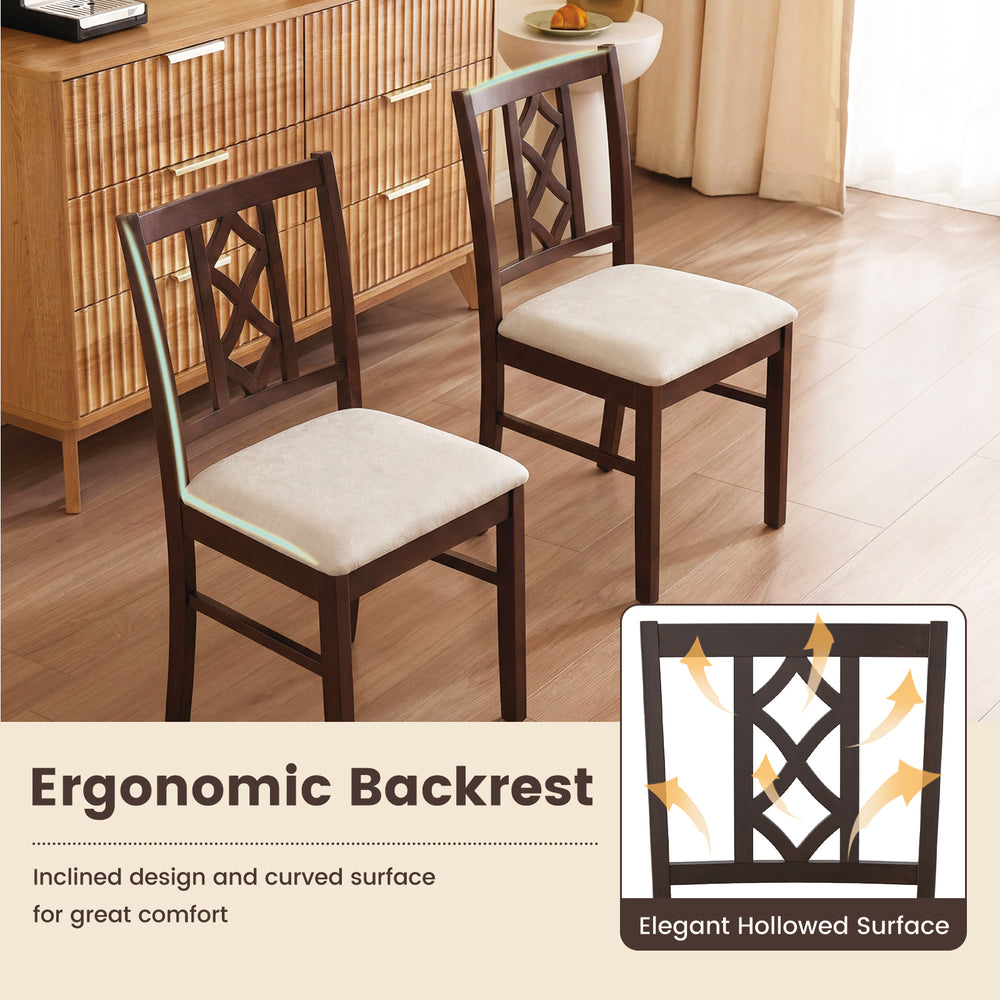 Brown rubber wood dining chair featuring an ergonomic hollowed backrest and soft upholstery for enhanced comfort.