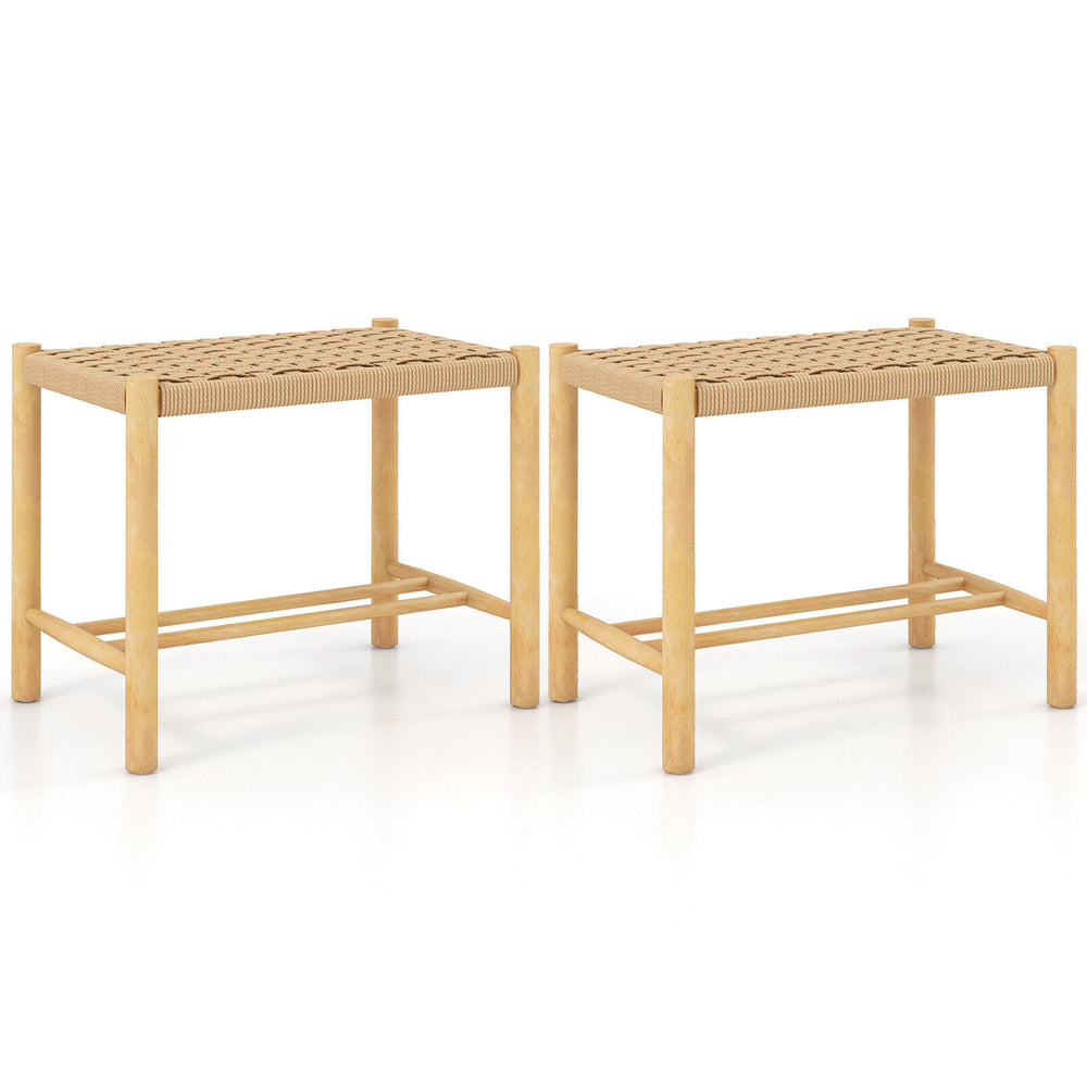 Set of 2 natural 18-inch dining stools made of rubber wood with woven paper rope, suitable for indoor and outdoor use.