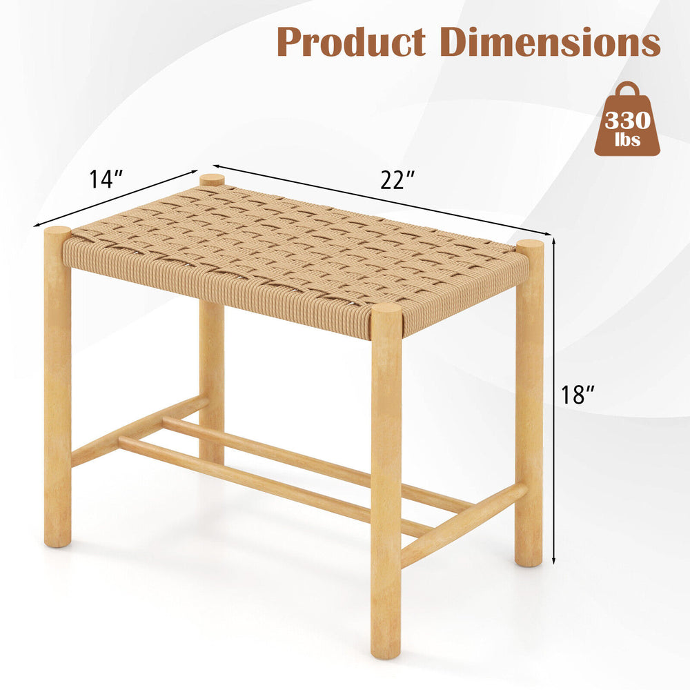 Natural 18-inch dining stool with woven paper rope seat, sturdy rubber wood frame, suitable for indoor and outdoor use.
