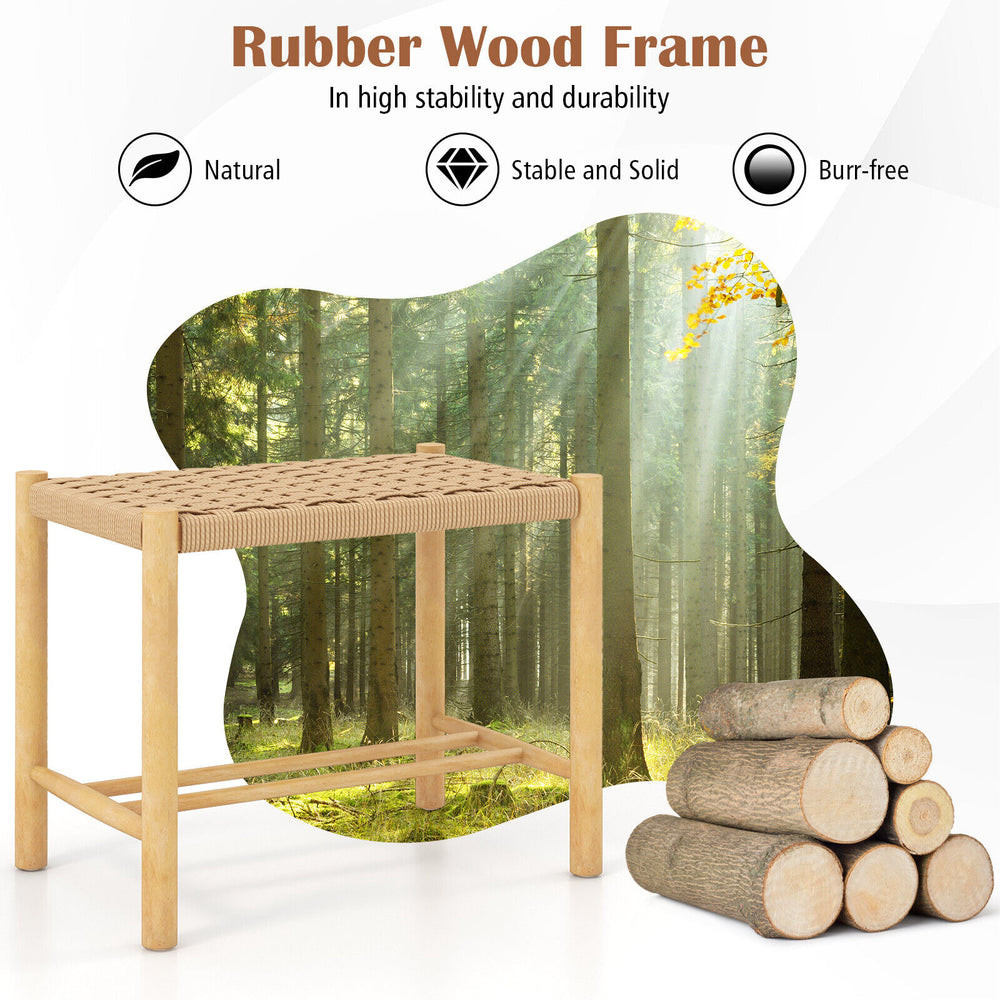 Natural 18-inch dining stool with rubber wood frame and woven paper rope seat, ideal for indoor and outdoor use.
