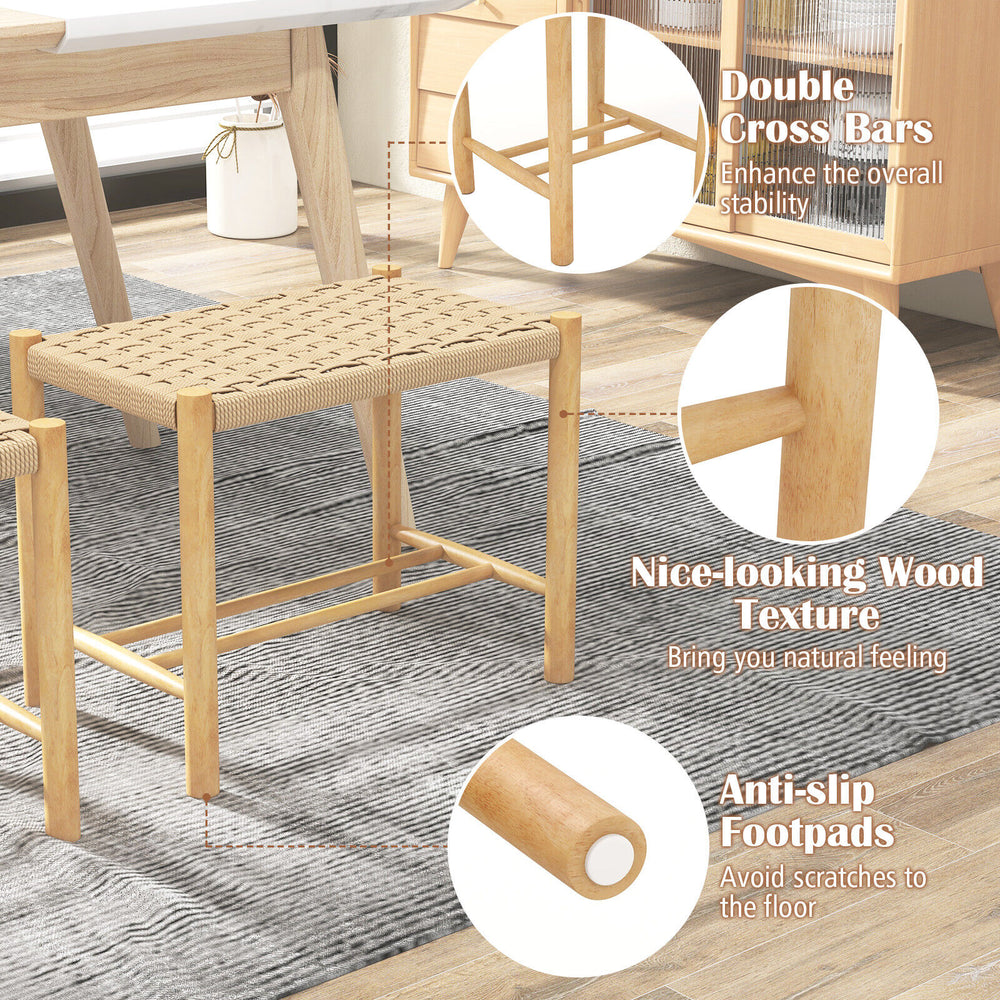 Natural 18-inch dining stool set of 2 with woven paper rope, sturdy rubber wood, and anti-slip footpads for stability.