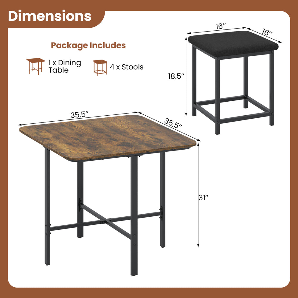 Dining table set with 4 upholstered stools in rustic brown, featuring a metal frame and space-saving design.