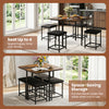 Dining table set with 4 upholstered stools in rustic brown, featuring a metal frame and space-saving storage design.