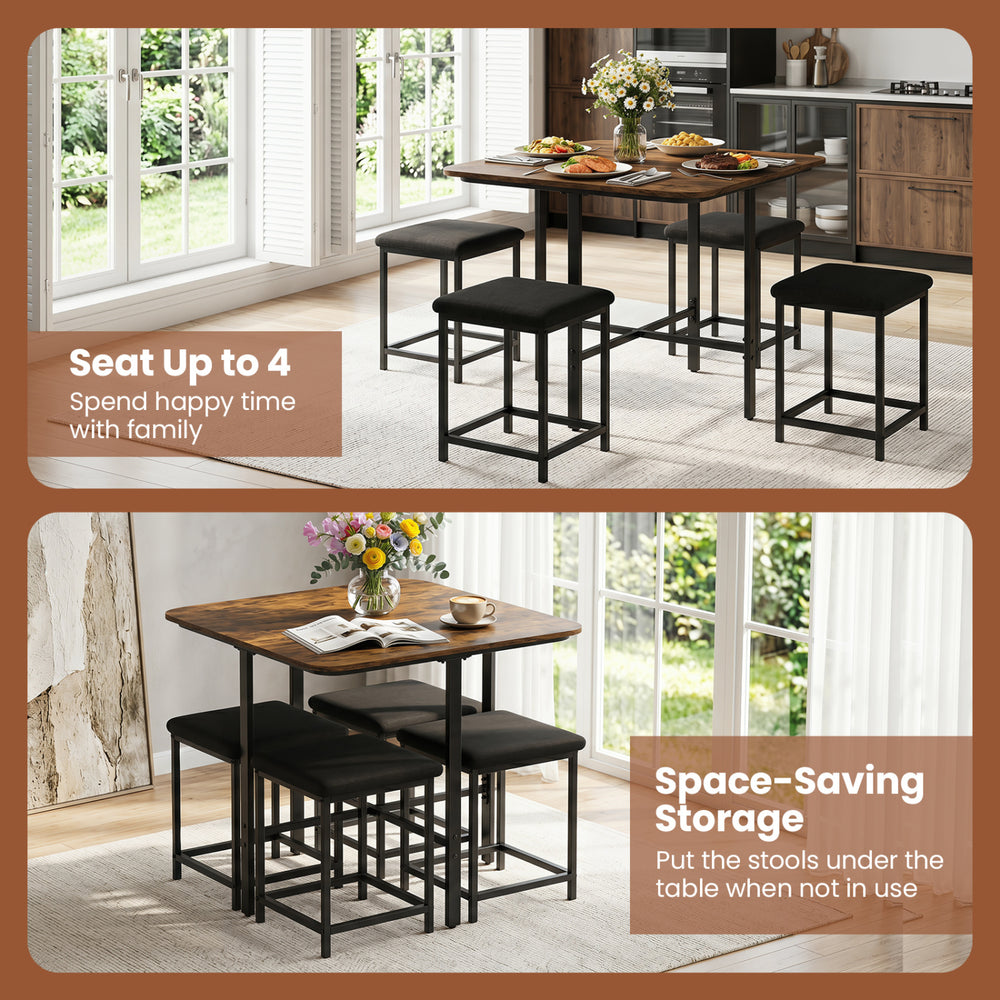 Dining table set with 4 upholstered stools in rustic brown, featuring a metal frame and space-saving storage design.