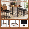Dining table set with rustic brown finish, featuring 4 upholstered stools, metal frame, and adjustable foot pads for.