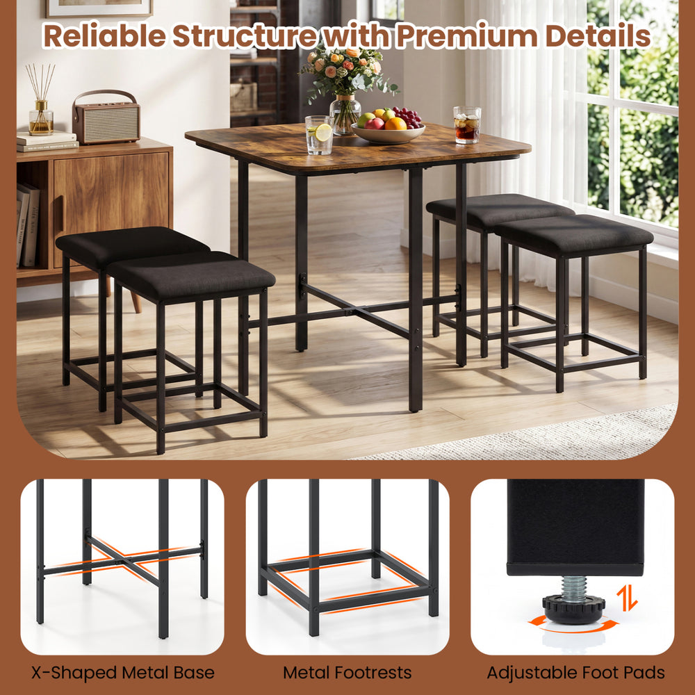 Dining table set with rustic brown finish, featuring 4 upholstered stools, metal frame, and adjustable foot pads for.
