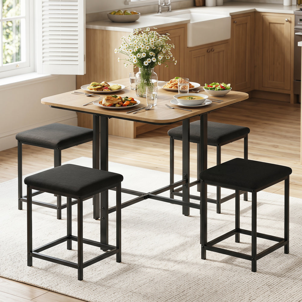 Dining Table Set with 4 Upholstered Stools and Metal Frame-Natural - Gallery View 1 of 10
