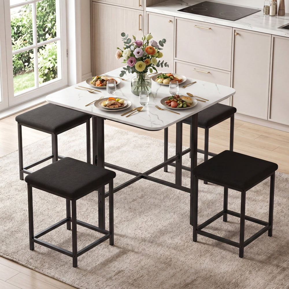 Dining Table Set with 4 Upholstered Stools and Metal Frame-White - Gallery View 1 of 10