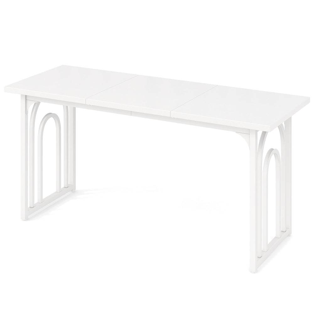 Rectangular 63-inch white dining table for 6-8 people with elegant arch structure, ideal for kitchen or living room use.