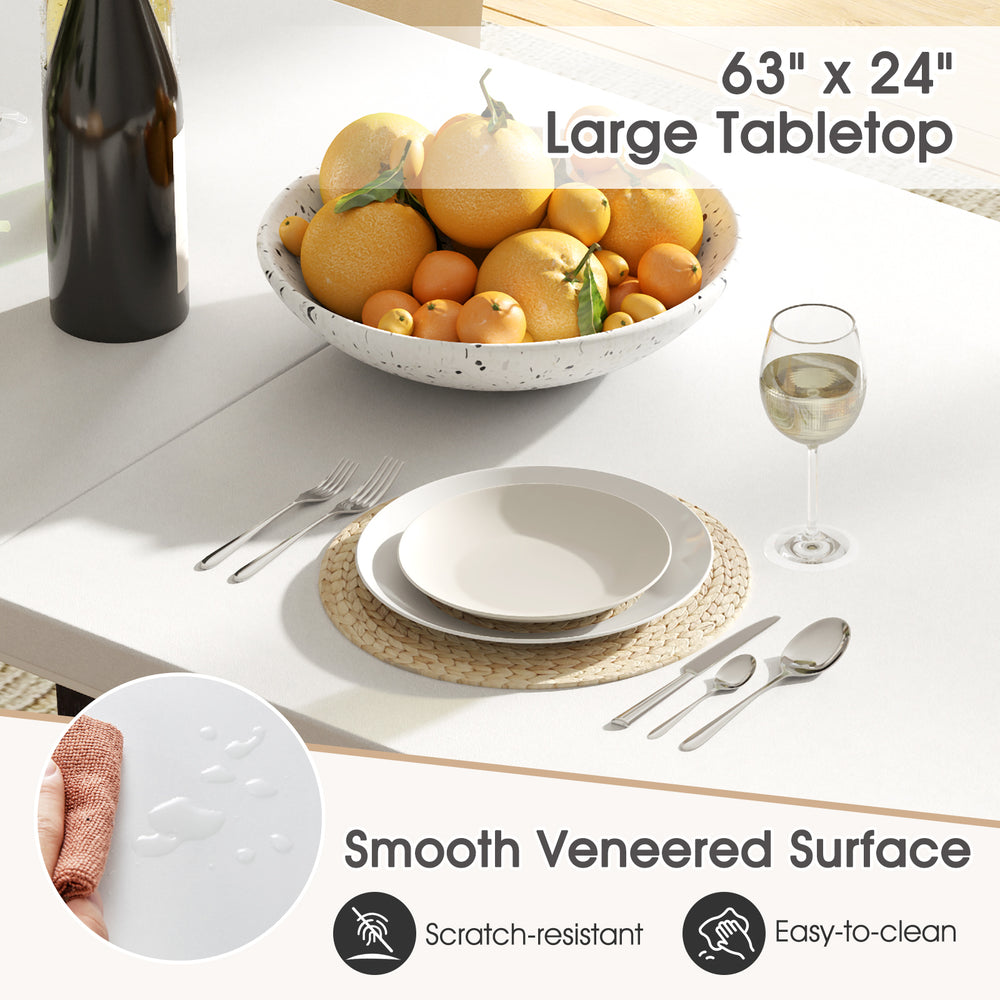 Large 63" white dining table with smooth veneered surface, perfect for 6-8 people in kitchen or living room settings.