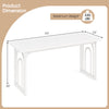 Dimensions of a 63" white dining table for 6-8 people, featuring a sturdy design and adjustable foot pads for stability.