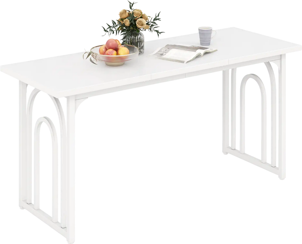 Rectangular 63-inch white dining table for 6-8 people with an elegant arch structure, perfect for kitchen or living.