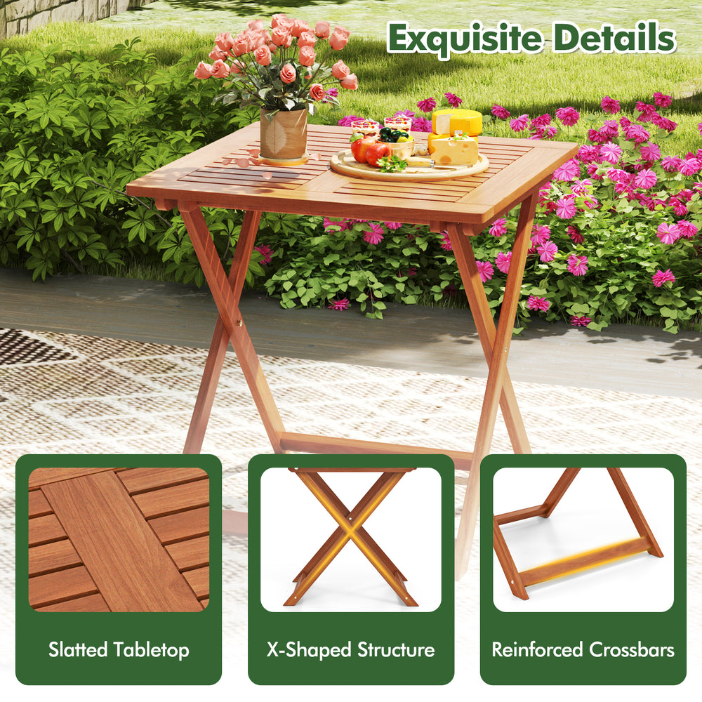 Patio dining table with slatted teak finish, X-shaped structure, and umbrella hole, perfect for outdoor relaxation.