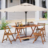 Patio dining table with teak finish, umbrella hole, and X-shaped structure, perfect for outdoor relaxation.