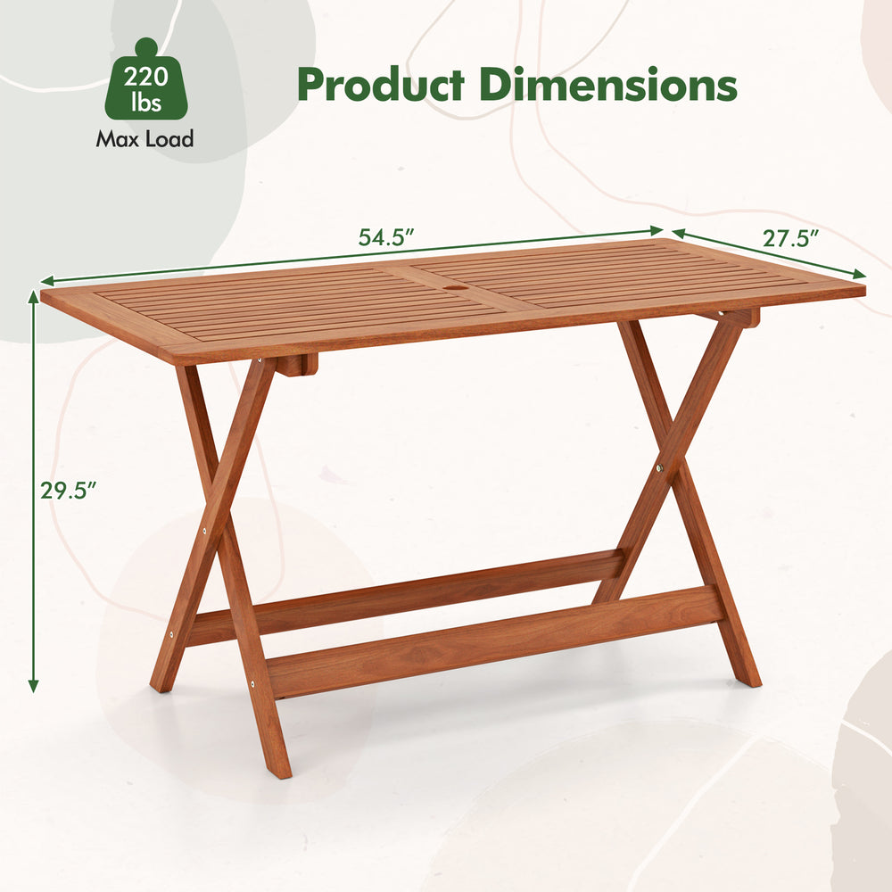 Patio dining table with teak finish, measuring 54.5"x27.5", featuring an umbrella hole for outdoor use.