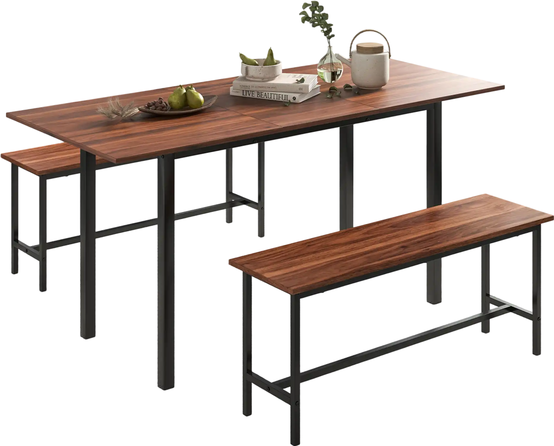 Costway 3 Piece Extendable Dining Table Set for 4-6 w/ 2 Benches Walnut 17452863 New