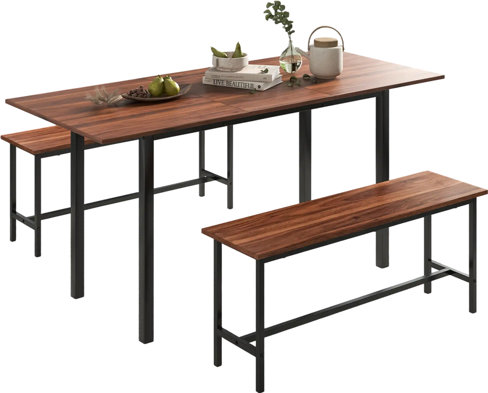 Walnut dining table set with two benches, featuring a sturdy metal frame, suitable for 4-6 people in modern spaces.
