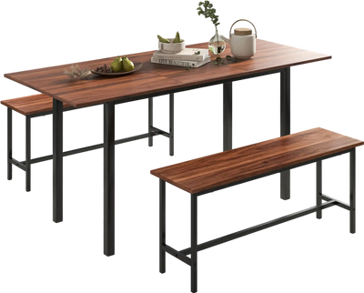 Costway 3 Piece Extendable Dining Table Set for 4-6 w/ 2 Benches Walnut 17452863 New