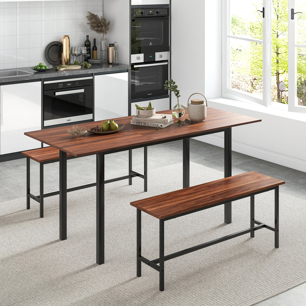 3 Piece Dining Table Set for 4-6 with 2 Benches-Walnut - Gallery View 1 of 11