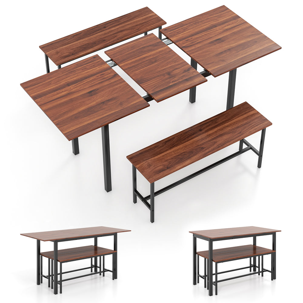 Extendable walnut dining table set with 2 benches, suitable for 4-6 people, ideal for kitchen or dining room use.