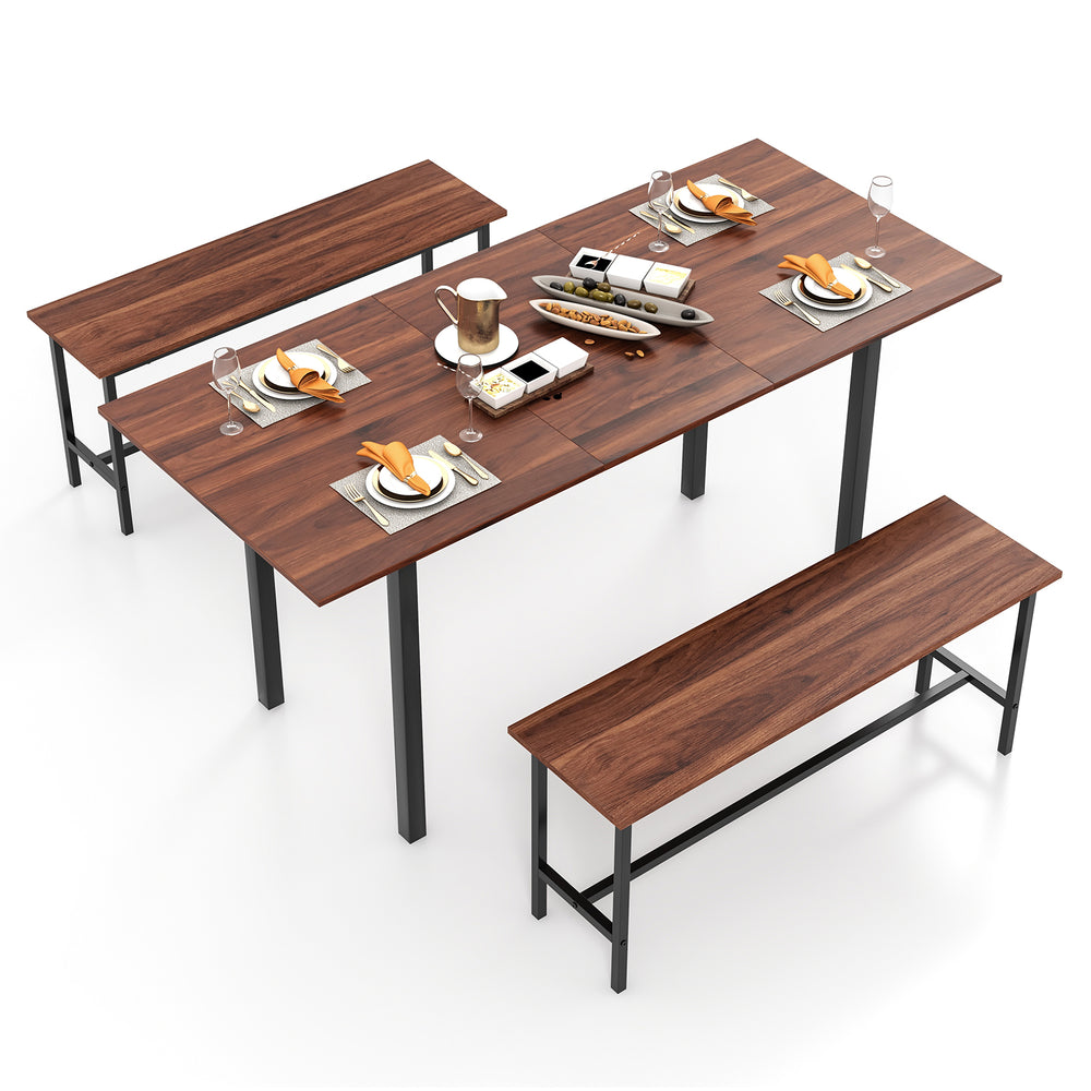 Extendable walnut dining table set for 4-6 with two benches, featuring a sturdy metal frame and elegant design.