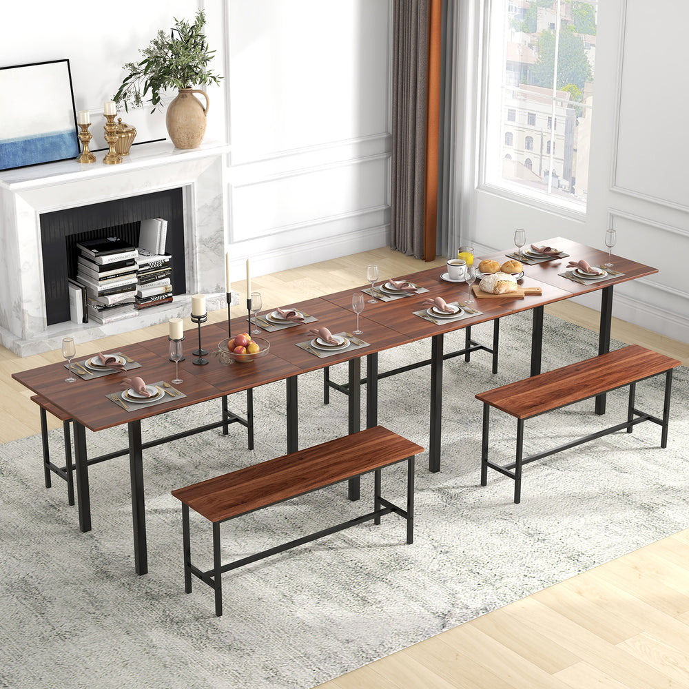 Extendable walnut dining table set for 4-6 with two benches, featuring a sturdy metal frame and modern design.
