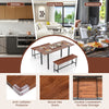 Extendable walnut dining table set for 4-6 with 2 benches, featuring a sturdy metal frame and wood-like grain finish.