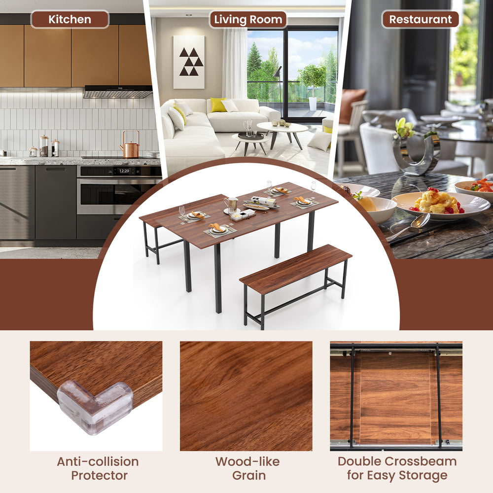 Extendable walnut dining table set for 4-6 with 2 benches, featuring a sturdy metal frame and wood-like grain finish.