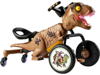 Dinosaur Drift Tricycle in brown features a realistic dinosaur head, mist spray, lights, and 360-degree spin for exciting play.