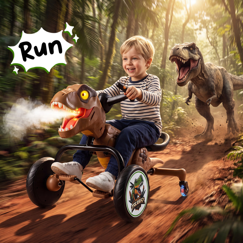 Dinosaur Drift Tricycle with Lights and Spray and 360-Degree Spin Mode-Brown - Gallery View 1 of 10