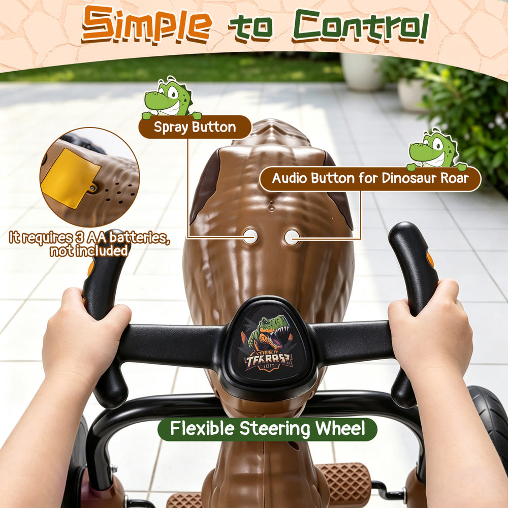Dinosaur Drift Tricycle in brown features a flexible steering wheel, spray button, and audio button for engaging play.