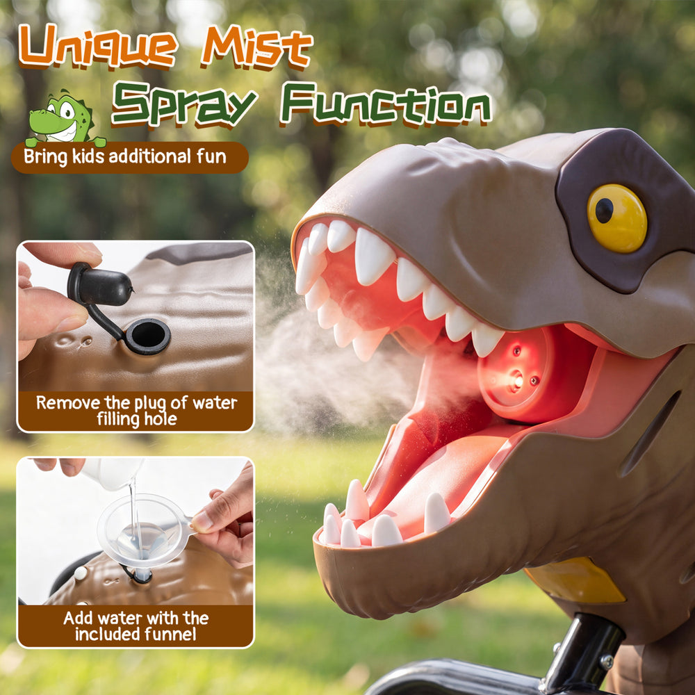 Dinosaur Drift Tricycle in brown features a mist spray function, lights, and a realistic dinosaur head for engaging play.