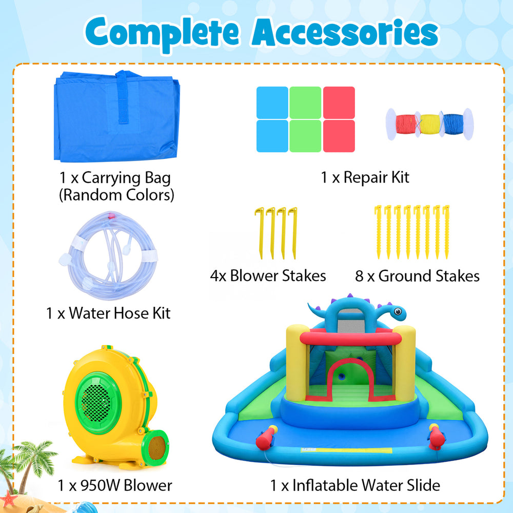 Carrying bag and repair kit for the dinosaur-themed inflatable water slide park, ensuring quick setup and maintenance.