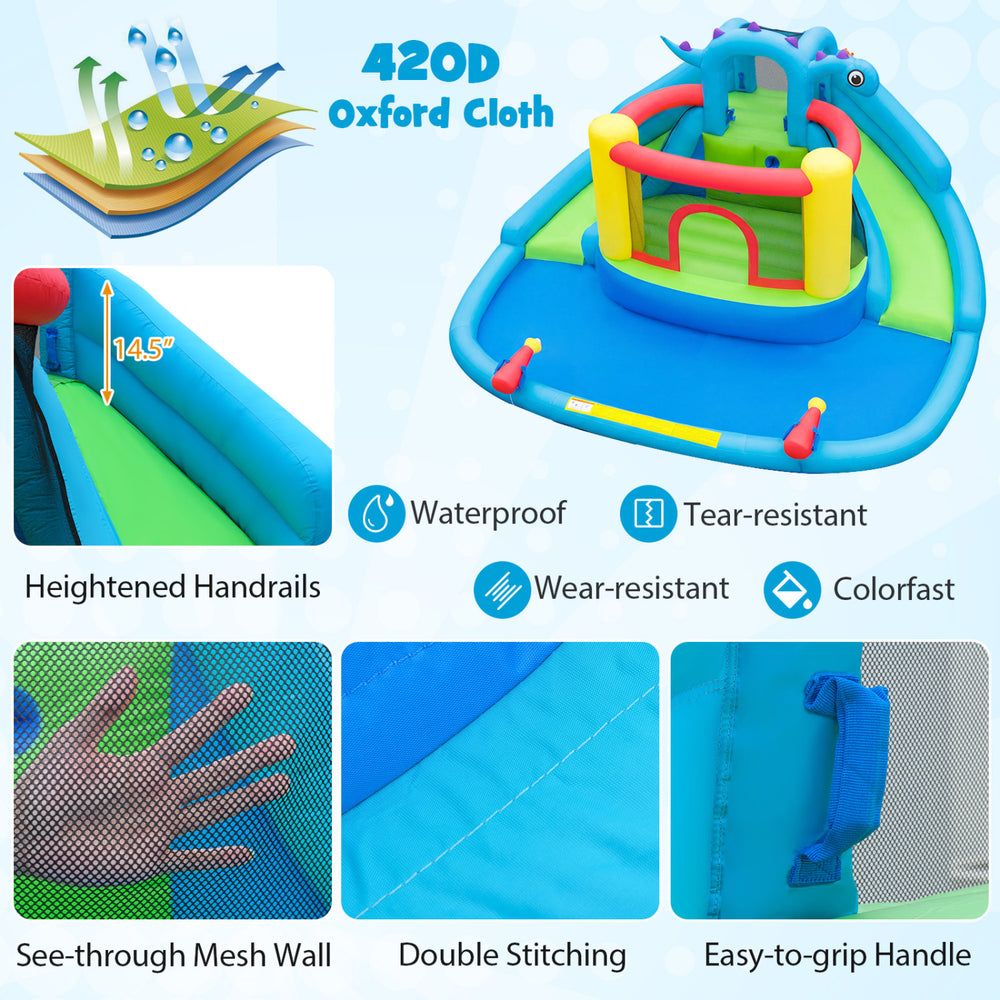 Dinosaur-themed inflatable bounce house with double slides, splash pool, and safety features for backyard fun.