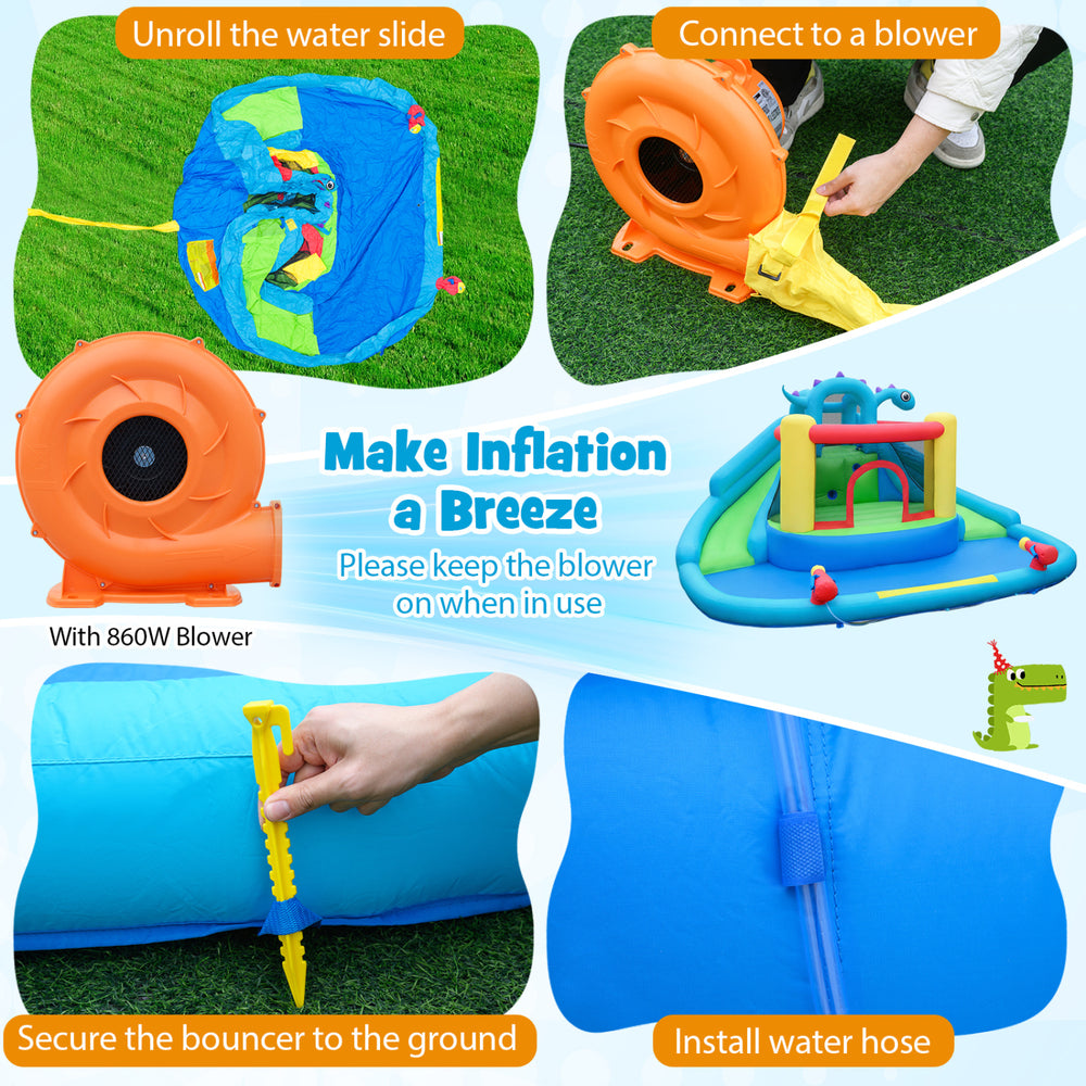 Dinosaur-themed inflatable bounce house with water slide, featuring double slides and splash pool for backyard fun.