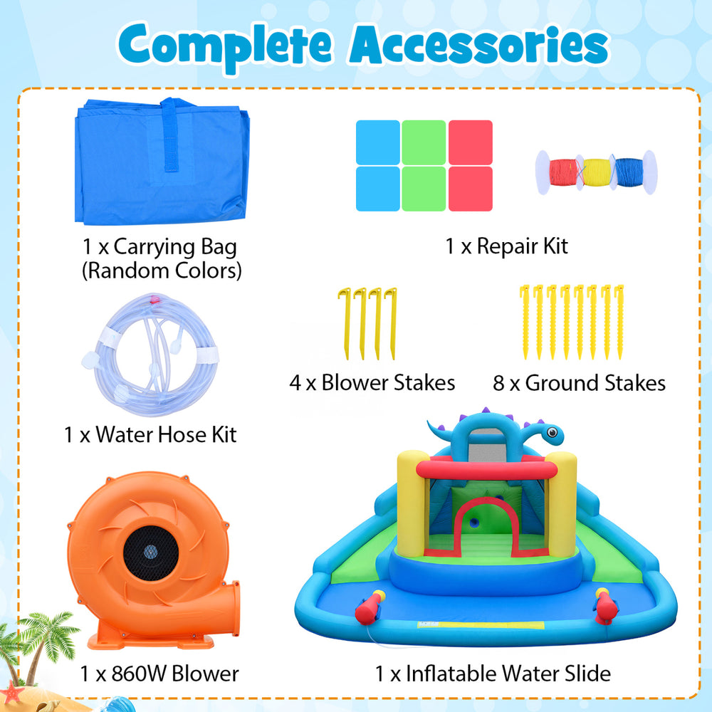 Complete accessory set for the dinosaur-themed inflatable water slide park, including blower, stakes, and repair kit.
