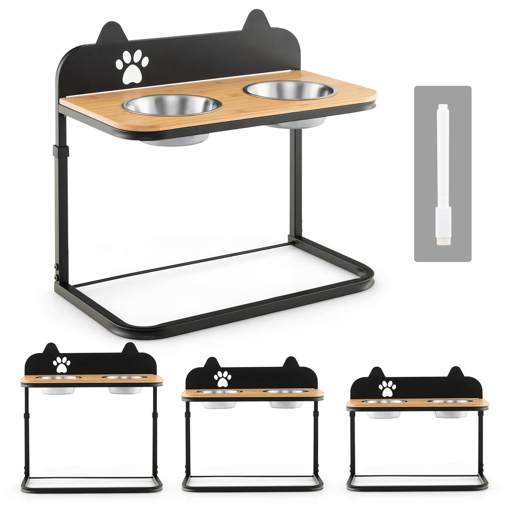 Dog bowl stand with two stainless steel bowls, adjustable height, bamboo tabletop, and claw-shaped design for pets.