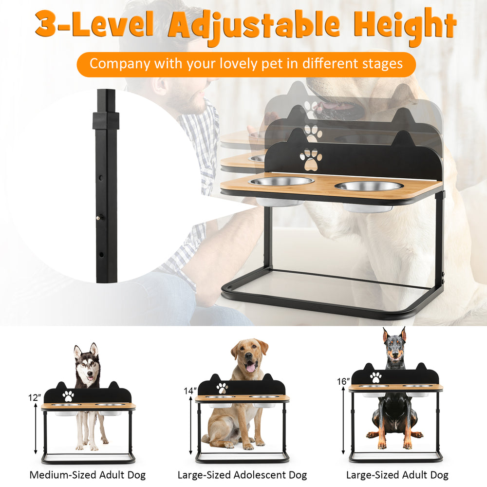 Dog bowl stand with adjustable height, featuring stainless steel bowls and a durable bamboo tabletop for pets.