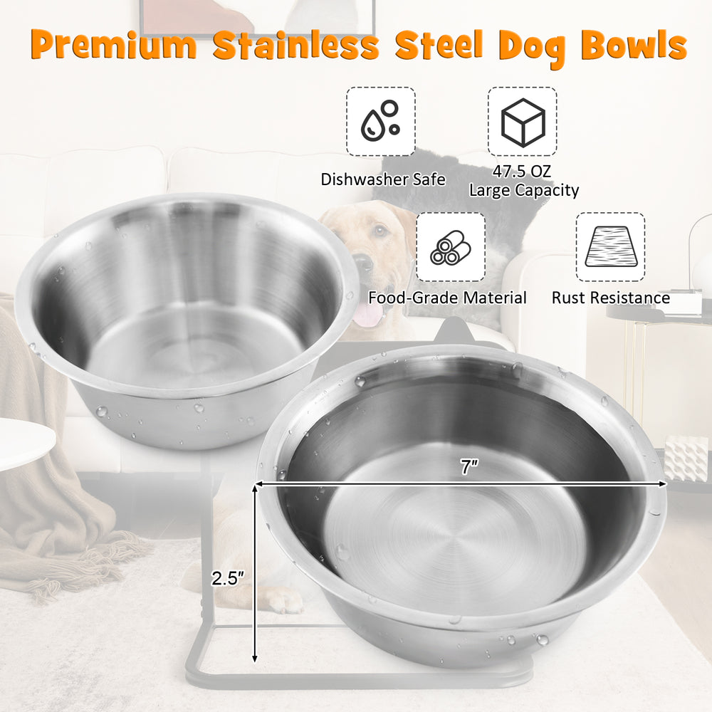 Stainless steel dog bowls with a 7-inch diameter, rust-resistant, dishwasher-safe, for elevated feeding.
