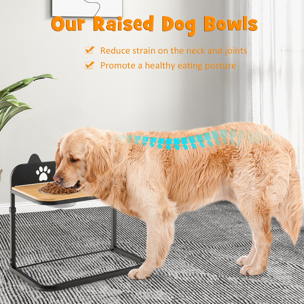 Raised dog bowl stand with two stainless steel bowls, featuring a bamboo tabletop for stable feeding and joint support.