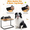 Dog bowl stand with two stainless steel bowls, adjustable height, bamboo tabletop, and marker for pet name.