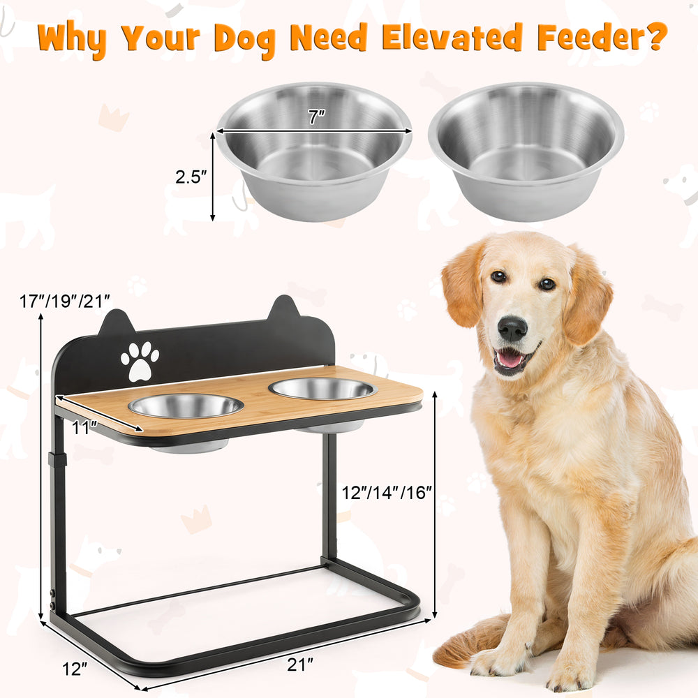 Elevated dog bowl stand with two stainless steel bowls, adjustable height, and durable bamboo tabletop for easy feeding.
