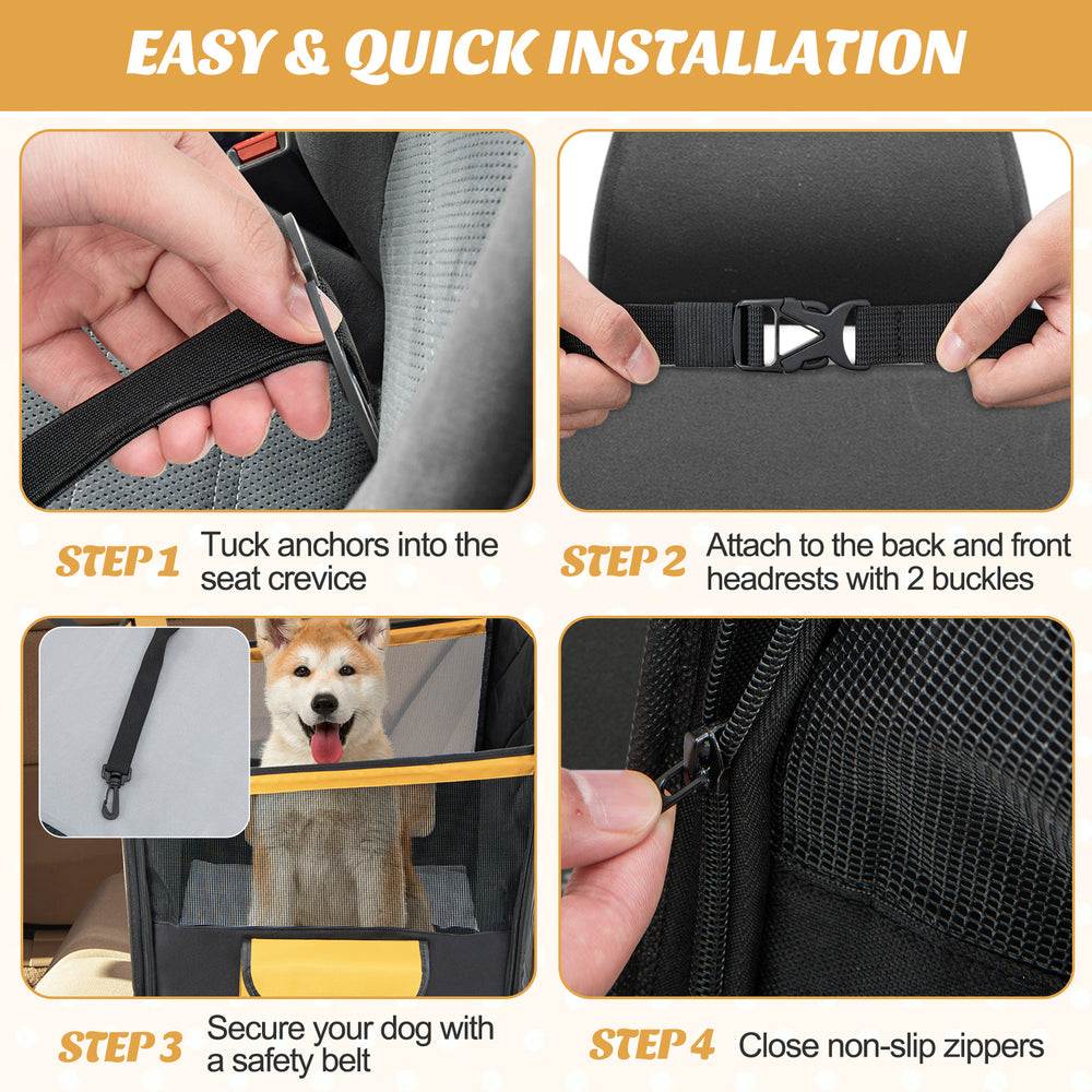 Dog car seat cover in black with mesh window, easy installation, durable protection for small and medium dogs.